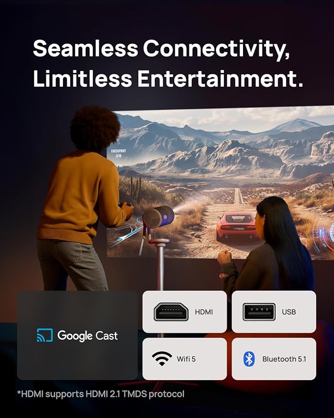 XGIMI MoGo 4 2025 NEW Portable Projector with PowerBase Stand, 5 Hours of Playtime, Google TV with Licensed Netflix, 360ยฐ Adjustable Stand, 450 ISO Lumens, 2 x 6W Harman Kardon