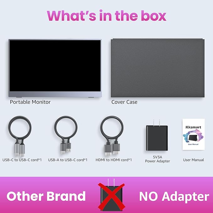 Portable Monitor 15.6 inch 1080P FHD 86% sRGB 60Hz, Travel Monitor for Laptop MacBook Surface PC Xbox PS5, HDMI Dual USB-C VESA Compatible Built-in Speaker, with Cover