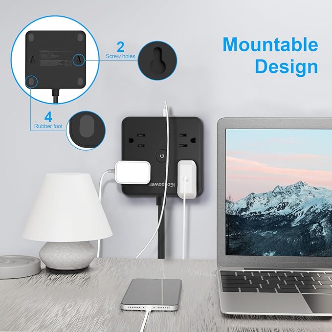 Surge Protector Power Strip 15 ft Cord,Long Power Strip with 4 Widely Outlets, Thin Extension Cord with 3 USB Ports(1 USB C Port),Slim Desk Charging Station,Black(2 Pack)