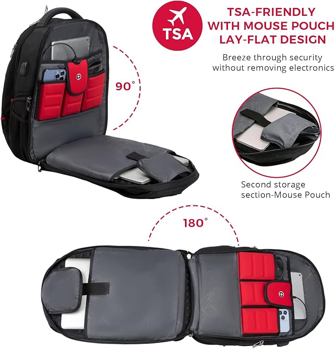Swissdigital Design Travel Backpack for men, TSA Friendly USB Charging RFID Protection Business Backpack Fits 15.6" Laptops Black | J14-BR