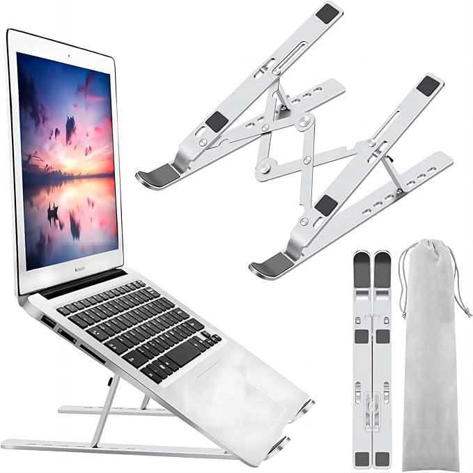 Laptop Stand for Desk, Ergonomic Design Adjustable Aluminum Foldable Portable Computer Stand, Compatible with MacBook Air Pro, HP, Lenovo, Dell, More 10-15.6”Inch and Tablets (Silver)