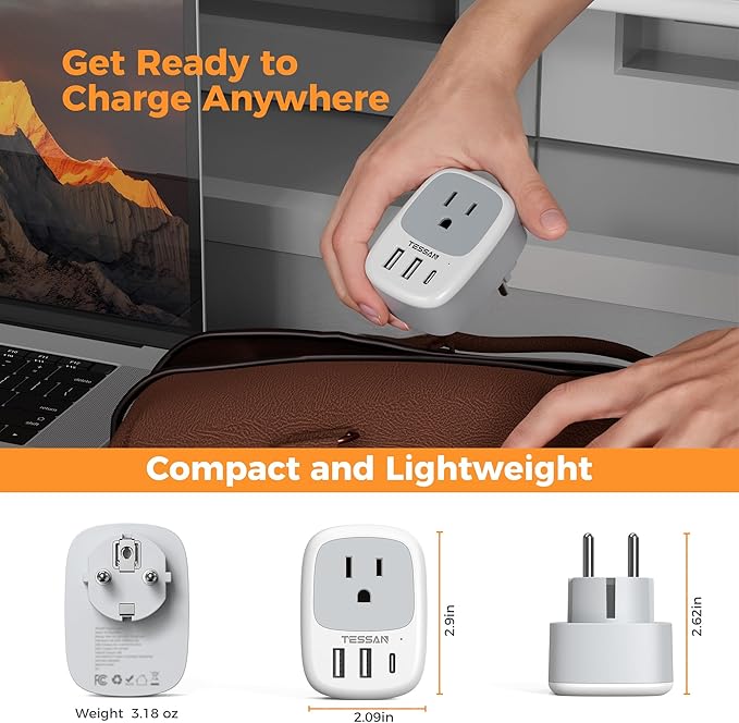 Type E F Plug Adapter USB C, TESSAN Germany France Power Adaptor, Schuko Outlet with 3 USB Ports, Travel Plug for US to Europe EU Spain Iceland Korea Greece Russia German French