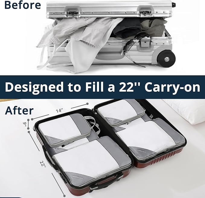 6 Set Compression Packing Cubes for Travel - Compressible, Lightweight, and Space-Saving Packing Cubes, Travel Essentials for Women, Grey