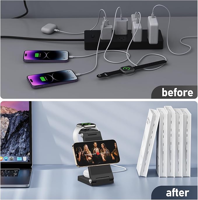 Magnetic Wireless Charger Stand, 3 in 1 Foldable Wireless Charging Station with 20W Adapter, Travel Charger for Multiple Devices for iPhone 17 16 15 14 13 12 Pro/Max/Plus/Mini, iWatch, AirPods