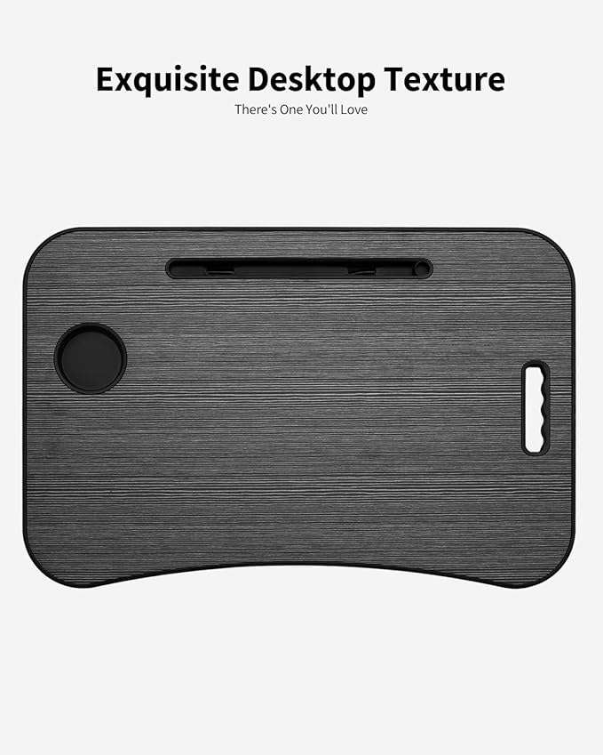 Foldable Lap Desk, Laptop Bed Desk, Portable Lap Table, Laptop Bed Table with Cup Holder & Tablet Slot & Lifting Handle for Working Writing Drawing & Eating - Black Wood