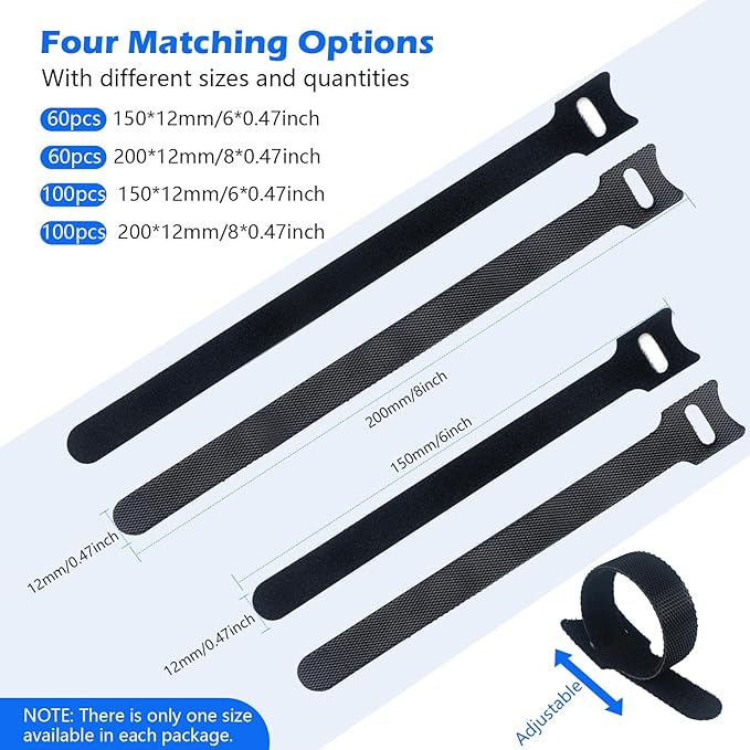 60PCS 6 Inch Reusable Cable Ties Black, Adjustable Cable Straps, Cable Tie Management, Cable Tidy for Desktop Charging Cables, Home and Office