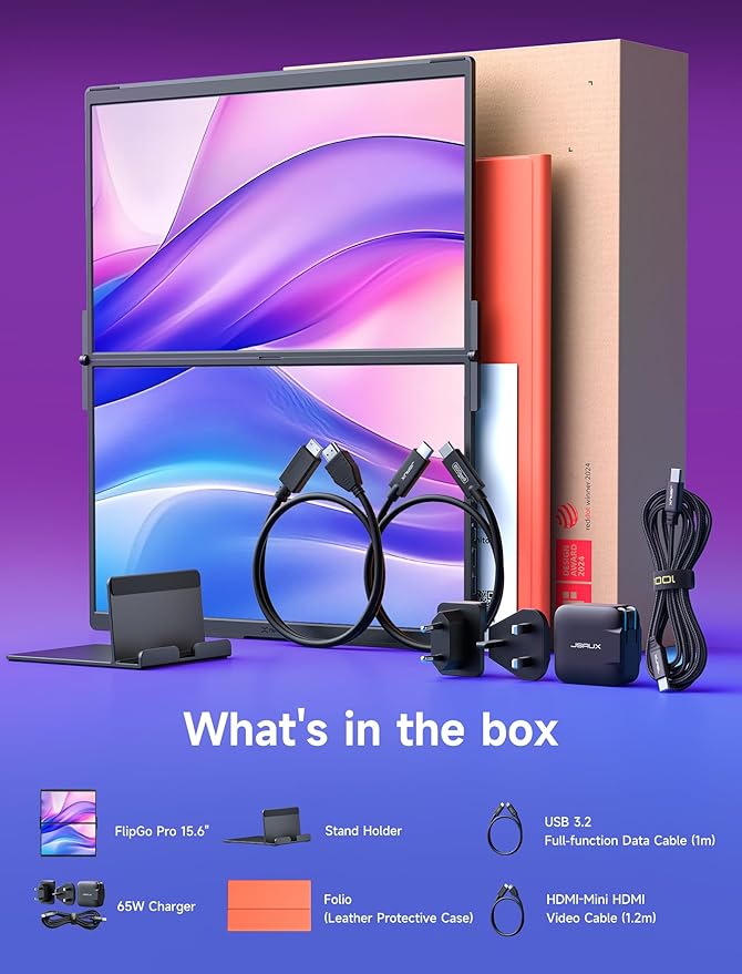 JSAUX FlipGo Pro 15.6" Dual Portable Monitors, 1080P FHD IPS Dual Screen Monitor, Triple Screen Laptop Monitor Extender for Wins/macOS (Driver Required) with Magnetic Design/Plug & Play/Built-in Hub