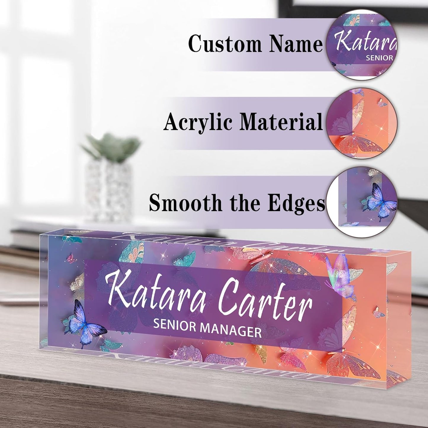 Name Plate for Desk Personalized, Acrylic Desk Decorations, Employee Appreciation Gifts, Custom Office Gifts for Coworkers, Boss, Teacher, Nurse (Orange Purple Butterfly)