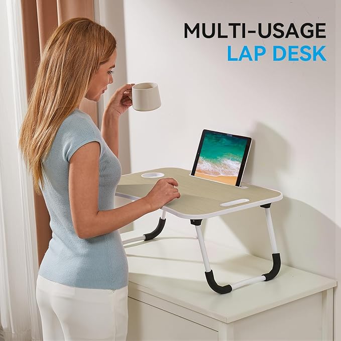 BUYIFY Folding Lap Desk, 23 Inch Portable Wood Brown Laptop Bed Desk Lap Desk with Cup Holder, for Working Reading Writing, Eating, Watching Movies for Bed Sofa Couch Floor