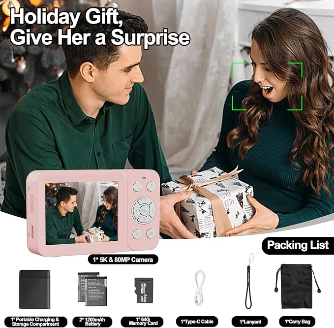 Upgraded 5K Dual Screen Digital Camera,80MP Vlog Photography Camera for YouTube,Campus,Travel,Compact Point & Shoot Camera for Teens & Beginners with Autofocus,18x Zoom,Anti-Shake,Pink