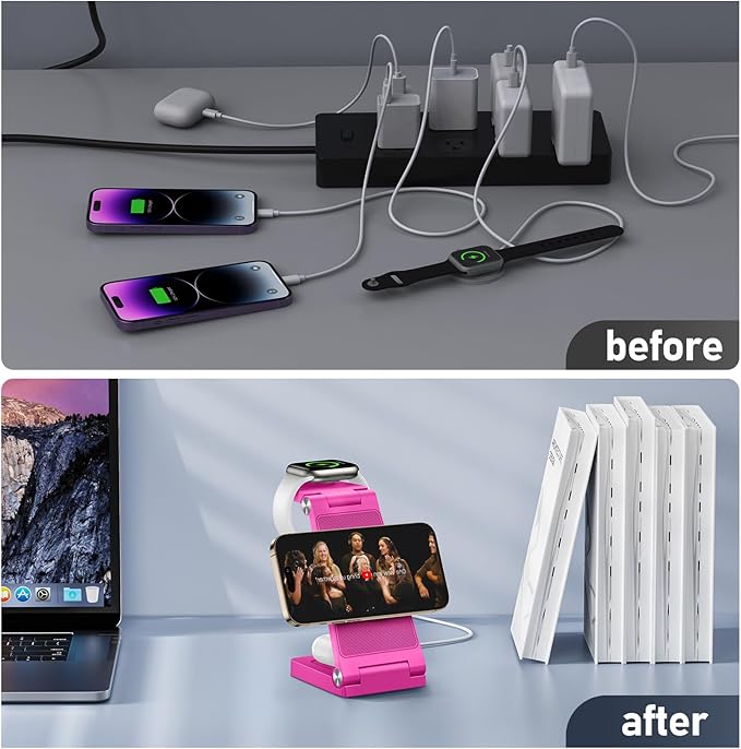 Magnetic Wireless Charger Stand, 3 in 1 Foldable Wireless Charging Station, Travel Charger for Multiple Devices for iPhone 16 15 14 13 12 Series, Apple Watch Ultra/SE/9/8/7/6/5/4/3/2, AirPods
