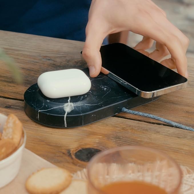 Einova Dual Classic Stone – Dual Wireless Charging Pad in Genuine Marble, Designed in Italy, Integrated 6 ft USB-C Cable, Smartphones, Wireless Earbuds, Smartwatches – Black Marquina Marble