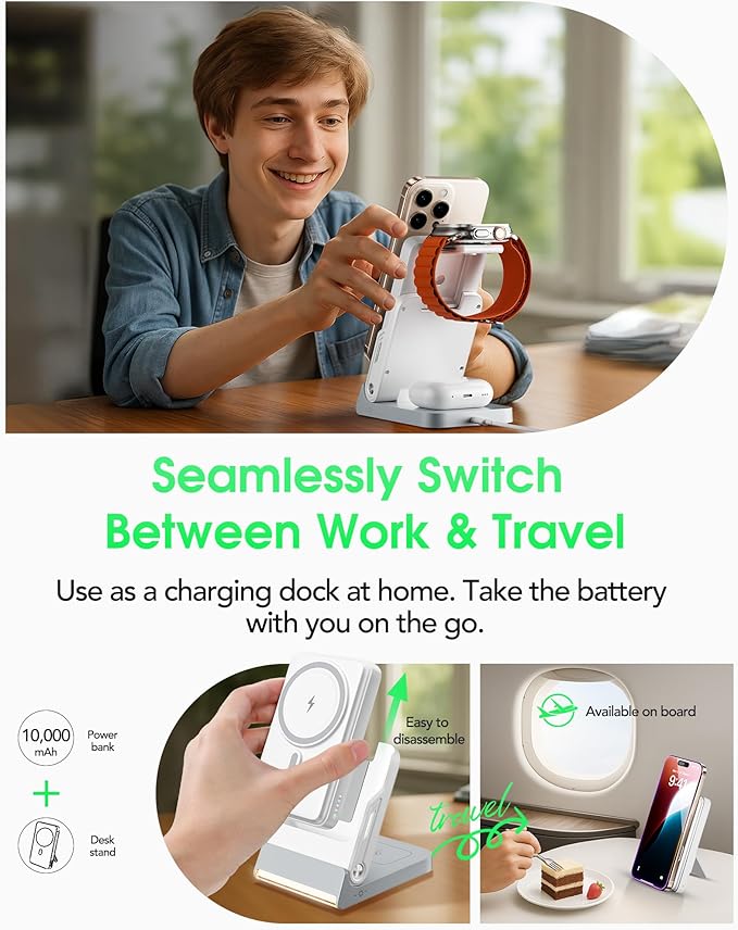 Magnetic Power Bank with MagSafe, 10000mAh Portable Battery Pack for iPhone 17, 5 in 1 Foldable Charging Station with iWatch Charger for i Phone 17/16/15/14&AirPods, Wireless Travel Gift for Men&Women
