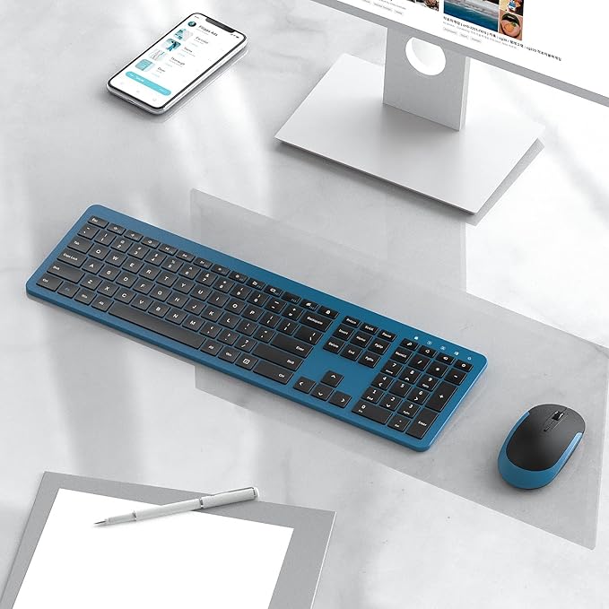 Wireless Keyboard and Mouse Combo - Full Size Slim Thin Wireless Keyboard Mouse with Numeric Keypad 2.4G Stable Connection Adjustable DPI (Dark Blue)