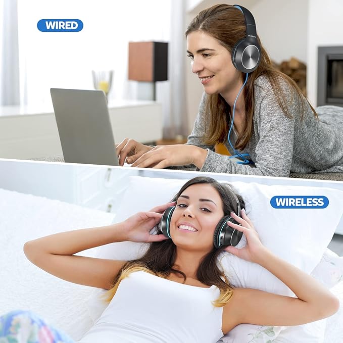 Bluetooth Headphones Over Ear, 68H Playtime 3 EQ Music Modes Wireless Headphones with Microphone/Deep Bass, Foldable Lightweight Headset for PC Home Travel Office(Black Blue)