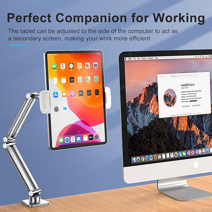 OATSBASF Phone and Tablet Holder Bed Gooseneck Mount, Aluminum Long Arm Foldable Lazy Stand, Universal 360 Degree Rotatable for iPhone, iPad, Tablet-Silver