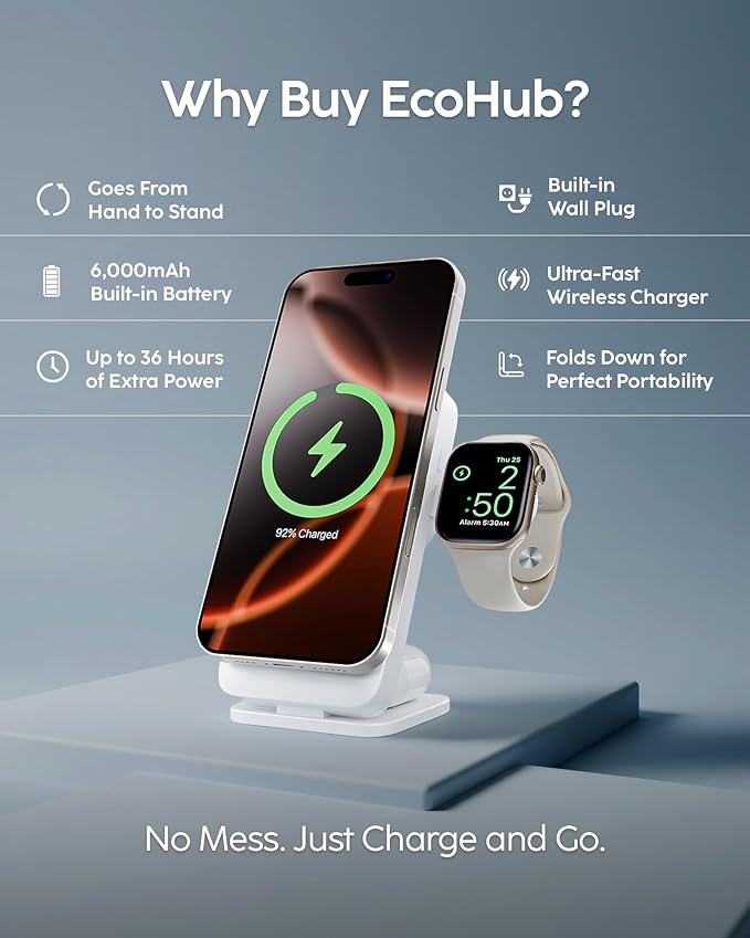 myCharge EcoHub 3 in 1 Apple Charging Station & Magsafe Battery Pack | Wireless Charger for iPhone, iWatch, AirPods | Magnetic Portable Charger with Wall Plug | Travel-Ready & Foldable