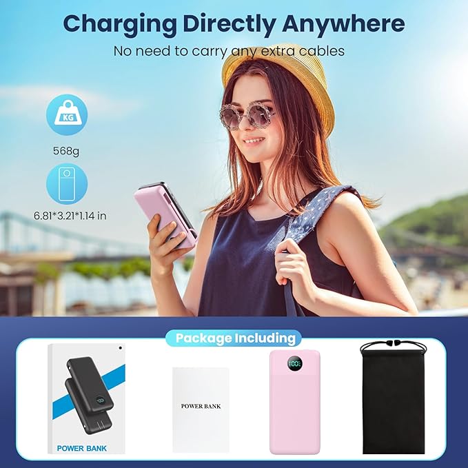 Portable Charger 33800mAh USB C Power Bank with Built-in Cables & AC Wall Plug,25W Fast Charging+QC 4.0 Phone Charger,4 Output LCD Display Battery Pack Compatible with iPhone16/15,Samsung,Android etc