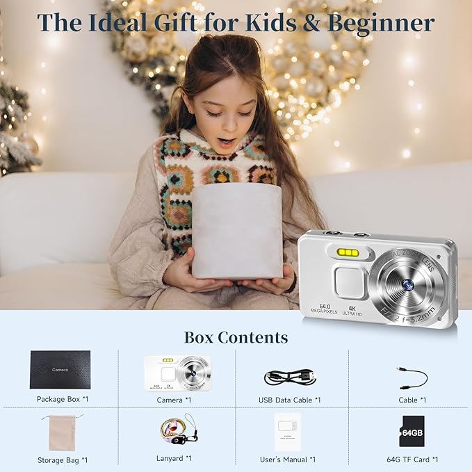 Digital Camera, Autofocus 4K 64MP Point and Shoot Digital Cameras for Teens with 64GB Card, 18X Zoom Anti-Shake Compact Video Camera for Student Kids Boys Girls Beginner - White