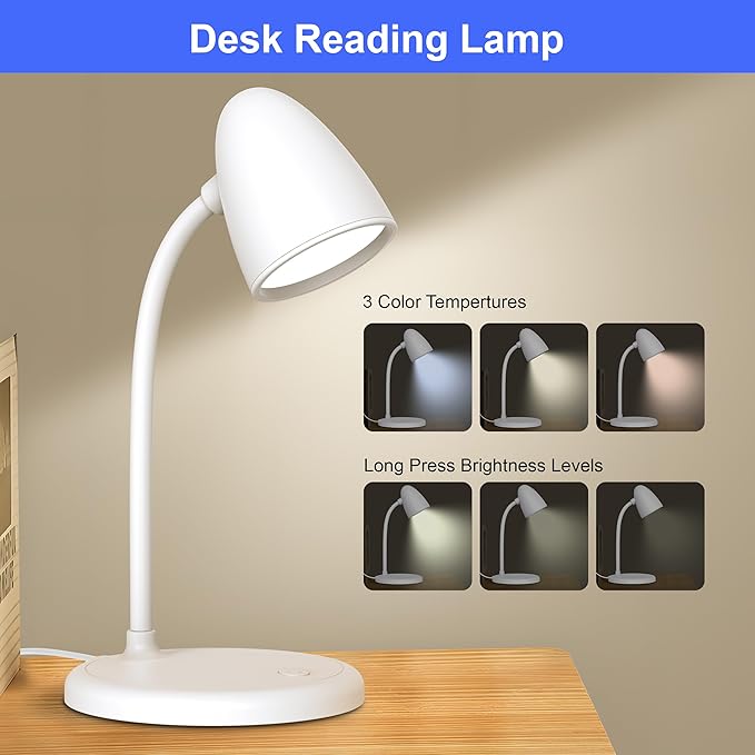 LED Desk Lamp for Home Office,3 Light Colors,Flexible Gooseneck Table Lamp,Dimmable Reading Light for Bedside Small Desk Lamp for College Dorm Room,Bedroom Desk Light,White