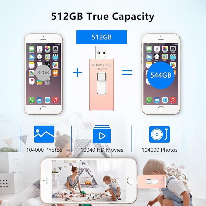 Photo Stick Apple MFi Certified for iPhone 512GB, USB Flash Drive for iPhone Thumb Drive, iPhone-Memory-Stick for iPad/iPhone/Computer Picture Keeper Portable Hard Drive Pink