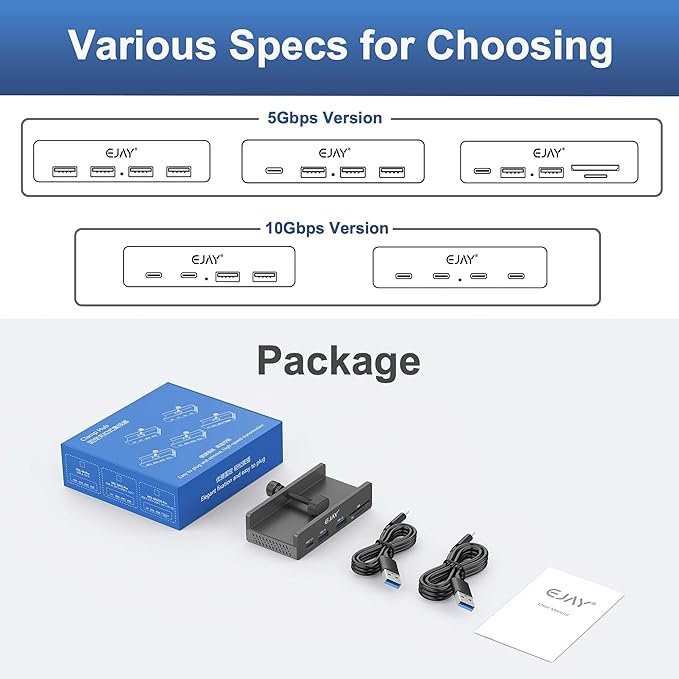 EJAY 5Ports USB3.0 HUB Alu Splitter Desktop Docking with TF&SD Card Reader for Desk/Monitors Clipping with Extra Power Supply Port,59inches Data & 39inches Power Cable-5Gbps(JK-2A1CTS-BK)