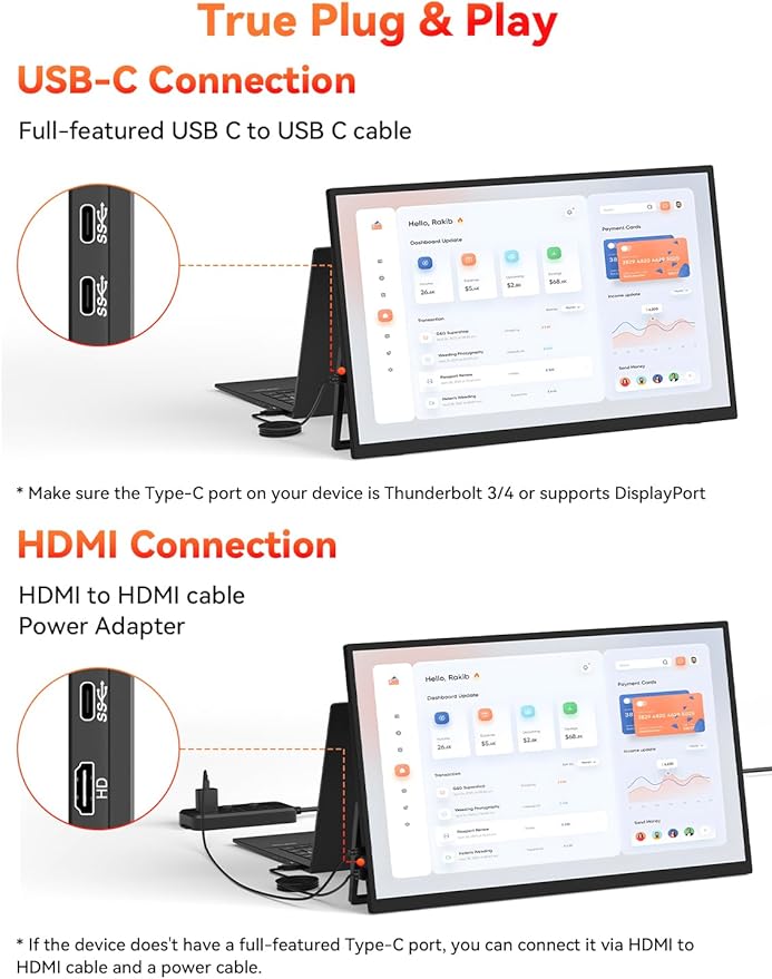 HotYeah Portable Monitor, 18.5" 1080P 100Hz 125% sRGB Laptop Monitor USB-C HDMI External Computer Display HDR FreeSync w/Kickstand & Speaker, 2nd Screen for Laptop PC Mac Phone Tablet Switch PS5 Xbox