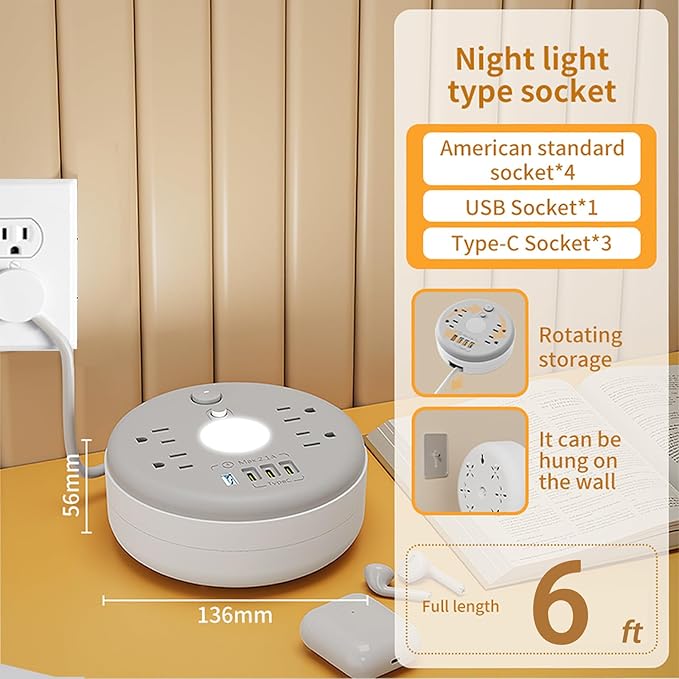 Power Strip Surge Protector with Night Light, 6FT Retractable Extension Cord, 4 AC Outlets, 1 Smart USB-A & 3 USB-C Ports, Portable Travel Power Strip for Home Office Dorm Hotel