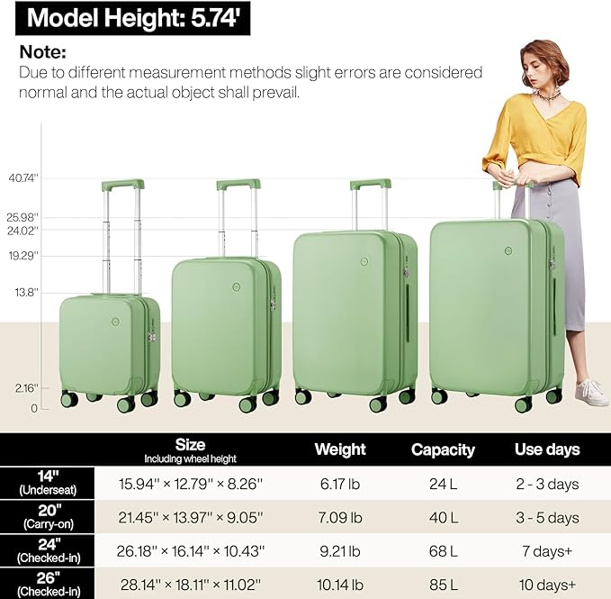 mixi Upgrade Luggage Suitcases with Spinner Wheels, Hardside Rolling Suitcase PC with TSA Lock Travel Case 24in Checked in, Fine Grid Avocado Green
