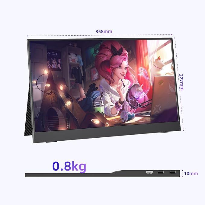 Portable Monitor 15.6", FHD 1080P USB-C HDMI Speakers Gaming Ultra-Slim IPS Display Small Screen for Laptop/PC/Phone, Gaming Monitor & PC Monitor with Magnetic Leather Cover