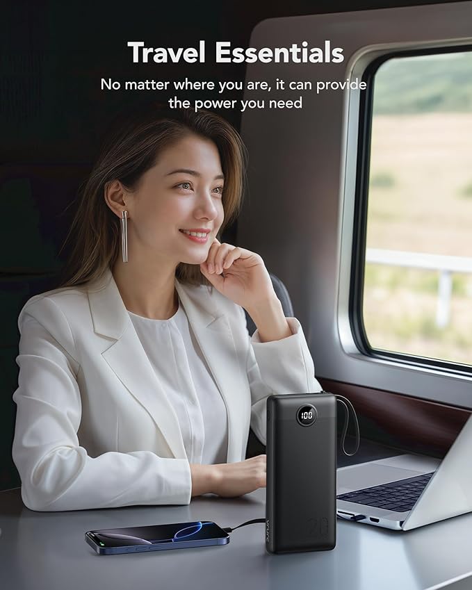 VRURC Portable Charger 20000mAh, Built-in Cable Fast Charging Power Bank, PD QC 3.0 Travel Essentials Battery Pack, 4 Output & 2 Input Phone Charger for iPhone,Samsung, Android-Black