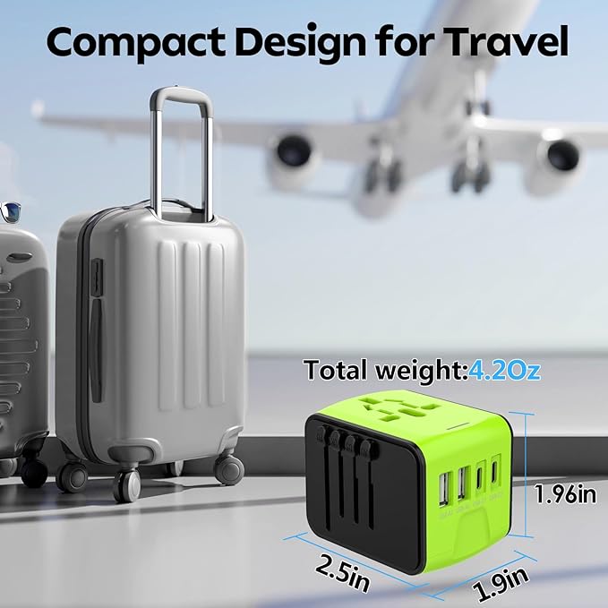 JMFONE International Travel Adapter 2 USB-C & 2 USB-A Ports and Multi AC Sockets,Universal Power Adapter Worldwide All in One High Speed 2.4A Perfect for 200+ Countries (Green)
