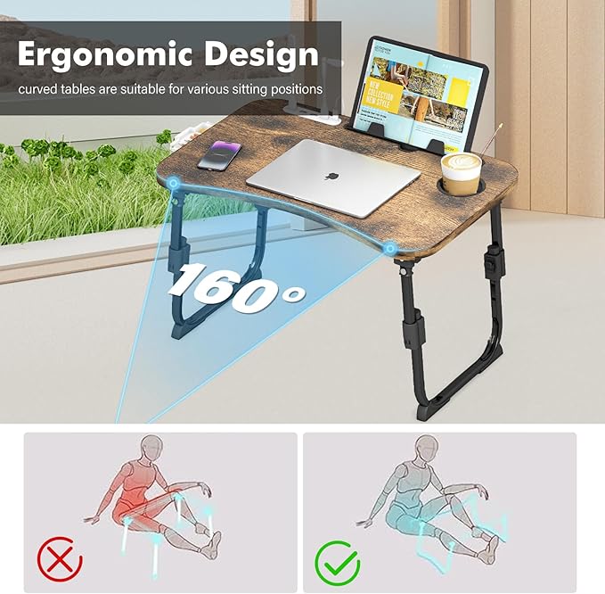 Lap Desk for Bed Adjustable Height, Foldable Bed Table with Storage Drawer, Tablet Slot & Cup Holder, Portable Laptop Stand for Bed & Sofa, Bed Desk for Adults & Kids, Carbonized