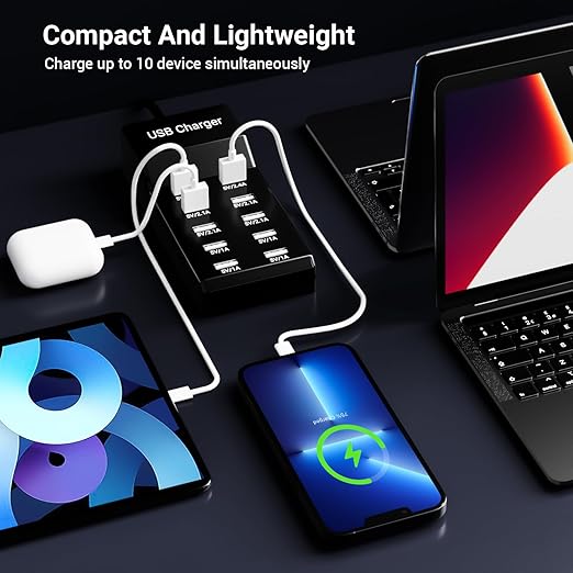 10-Port USB Charger 50w10A USB Charging Station, Multiport Charger Hub, Compatible with iPhone, Galaxy, iPad Tablet, and Other Devices (Black)
