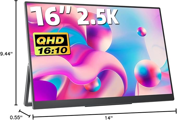 Portable Gaming Monitor 16 Inch QHD 2.5K 2560X1600 16:10 100 Hz 100% sRGB 10 Bit Travel Monitor for MacBook, Laptop, PC, Surface, Game Console, VESA Compatible, with Kickstand
