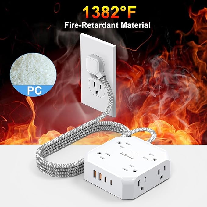 Surge Protector Power Strip, 8 Outlets with 4 USB Ports(2 USB C), 4-Sided 1050J Outlet Extender with 5FT Flat Extension Cord for Travel, Home, School, College Dorm Room Essentials