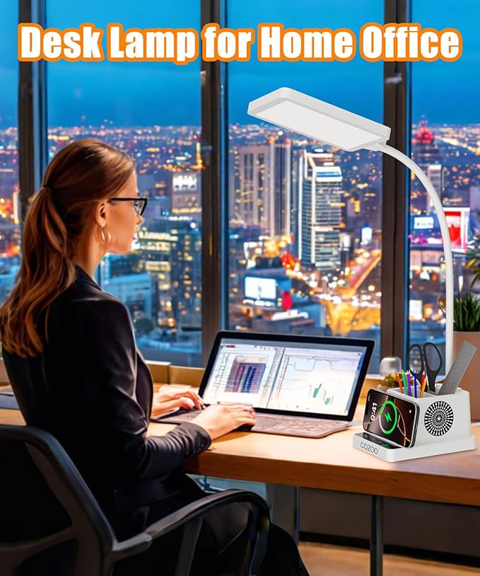 cozoo Desk Lamp, LED Desk Lamps for Home Office with 15W Wireless Charger/Organizer,Desk Lamp for College Dorm Eye-Caring Study Light,Gooseneck Table Lamp with Pen Holders/Storage,12 Lighting Modes