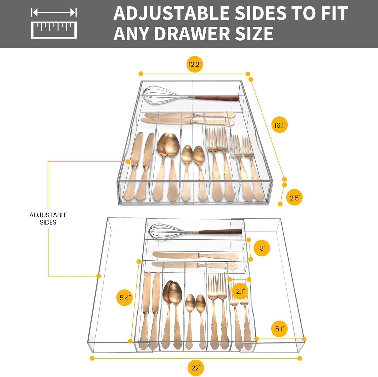 Clear Acrylic Drawer Organizer for Kitchen Utensils and Flatware, Adjustable Silverware Tray with 9 Compartments for Drawers, Office, and Bathroom Storage