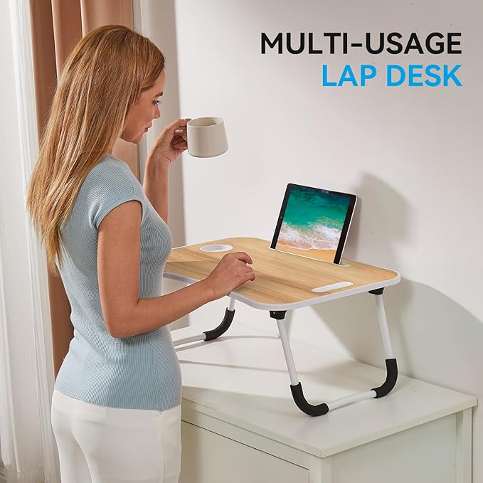 BUYIFY Folding Lap Desk, 23 Inch Portable Wood Yellow Laptop Bed Desk Lap Desk with Cup Holder, for Working Reading Writing, Eating, Watching Movies for Bed Sofa Couch Floor