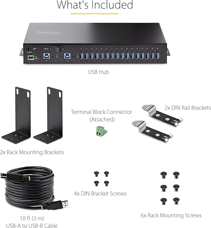 StarTech.com 16-Port Industrial USB 3.0 Hub 5Gbps, Metal, DIN/Surface/Rack Mountable, ESD Protection, Terminal Block Power, up to 120W Shared USB Charging, Dual-Host Hub/Switch, TAA