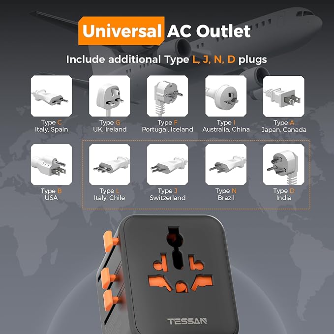 TESSAN Universal Travel Adapter 28W, International Power Adapter with 5 USB Ports (3 USB C), Travel Plug Adaptor Worldwide for US to Europe UK France Germany Spain Australia (Type C G A I), Black