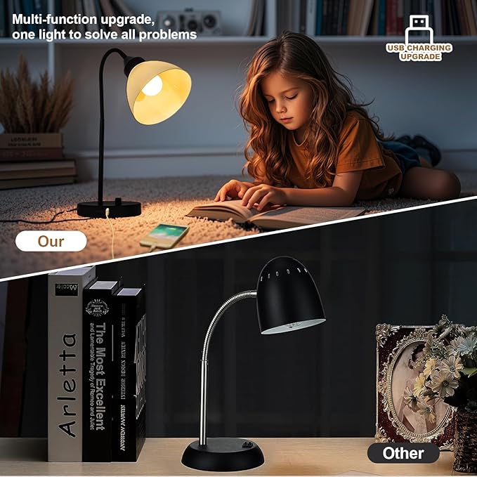 Desk Lamps, Table Lamps for Bedrooms with 2 USB Port, Stepless Dimmable Bedside Lamps, Adjustable Gooseneck Lamp for Living Room, Small Lamps for Office Reading, Nightstand Lamps with 5W LED Bulb