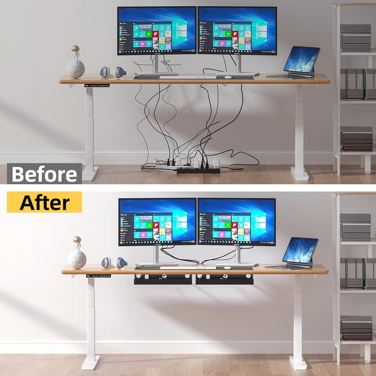 Yecaye 2 Pack Cable Management Under Desk, 31.5 in Under Desk Cable Management Tray,Cord Hider,Cord Organizer, No Screw Wire Management for Office and Home, Black