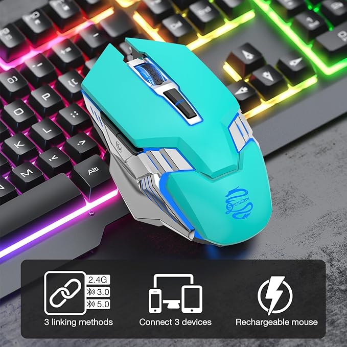 Green Wireless Mouse Gaming Mice Bluetooth with 3-Modes(BT5.0+BT3.0+2.4GHz), RGB Backlit, Silent Click, Light Up Quiet Computer Mouse for Laptop, PC, Chromebook, MacBook, iPad, Tablet, Games, Office