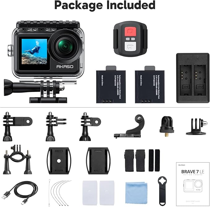 AKASO Brave 7 LE 4K30FPS 20MP WiFi Action Camera with Touch Screen EIS 2.0 Zoom Remote Control 131 Feet Underwater Camera with 2X 1350mAh Batteries Support External Microphone Vlog Camera