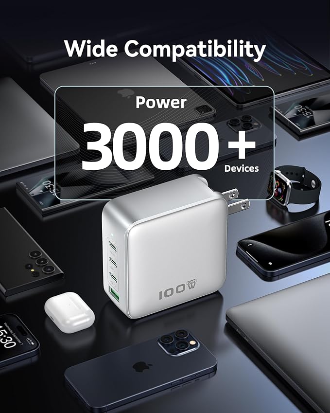 GaN USB C Charger 100W, 4 Port PD3.1 Laptop Charger Block Foldable Compact PPS Fast Power Adapter for MacBook Pro/Air, iPad Pro, iPhone 17/16 Series, Galaxy S25/S24, Pixel 10/9, Steam Deck, and More