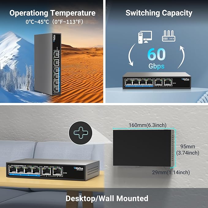 6 Ports 10Gb Unmanaged Ethernet Switch with 4*2.5G Base-T Ports, 2*10G RJ45 Ports. 60Gbps Switching Capacity, GiGaPlus 10Gbps Network Switch for 2.5G/10Gbps NAS/PC, WiFi6 Router, Wireless AP