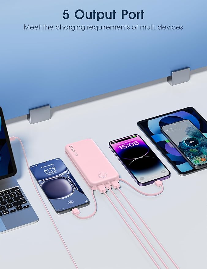 Portable Charger with Built in Cable and AC Wall Plug, USB C Power Bank 12000mAh 22.5W Super Fast Charging, Lightweight Portable Phone Charger Travel Battery Pack for iPhone, ect