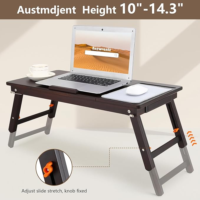 Nnewvante Laptop Bed Desk Bamboo Lap Table with Tablet Slot Height & Angle Adjustable Computer Lap Desk with Drawer Breakfast Serving Tray for Bed Floor, Black Walnut