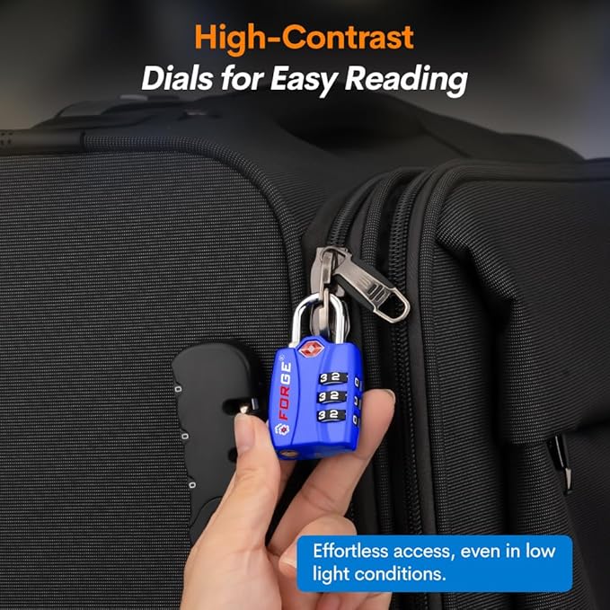 Forge TSA Luggage Combination Lock - Open Alert Indicator, Easy Read Dials, Alloy Body- Ideal for Travel, Lockers, Bags (Blue 4Pk)